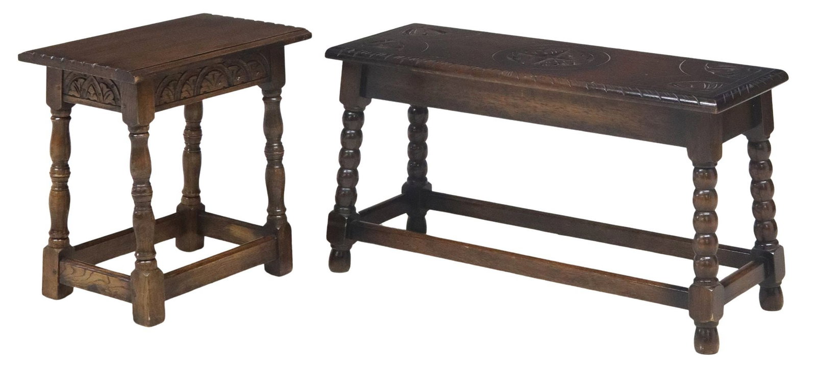 (2) ENGLISH CARVED OAK TABOURET & LOW BENCH: (lot of 2) English oak furniture, 20th c., including: (1) low bench, rectangular seat with incised rosette, on bobbin-turned legs, approx 16.5"h, 30"w, 11"d, (1) tabouret/ stool, approx