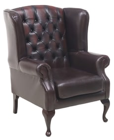 ENGLISH QUEEN ANNE STYLE OXBLOOD LEATHER WINGBACK ARMCHAIR