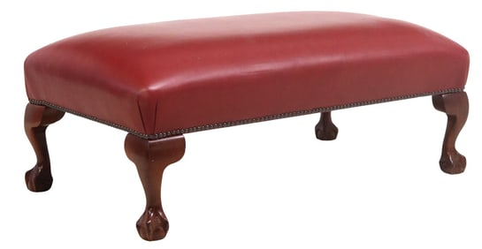 ENGLISH CHIPPENDALE STYLE RED LEATHER UPHOLSTERED BENCH
