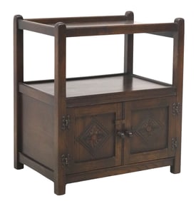 ENGLISH JACOBEAN STYLE CARVED OAK SIDE TABLE WITH CABINET