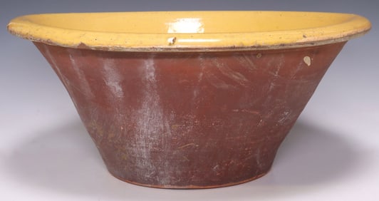 LARGE ENGLISH EARTHENWARE YELLOW SLIP GLAZE DAIRY BOWL