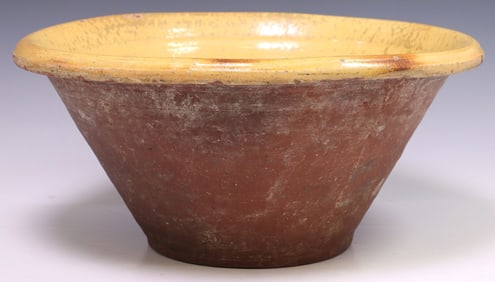 LARGE ENGLISH EARTHENWARE YELLOW SLIP GLAZE DAIRY BOWL