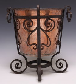 ARTS & CRAFTS COPPER PLANTER ON WROUGHT IRON STAND