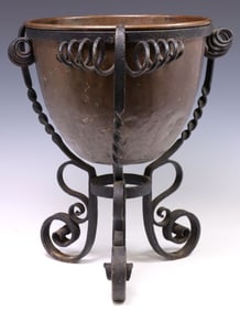 ARTS & CRAFTS COPPER PLANTER ON WROUGHT IRON STAND
