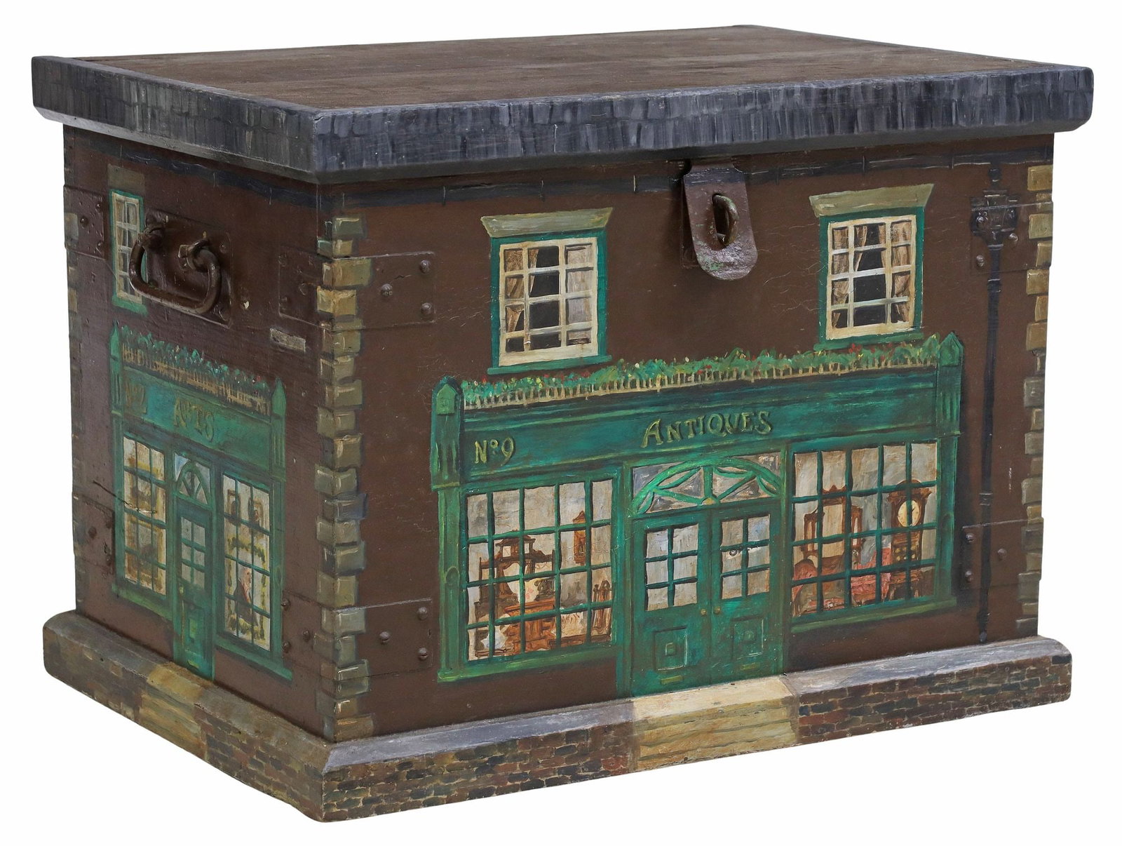 ENGLISH PAINT-DECORATED STOREFRONT FACADE STORAGE TRUNK: English paint-decorated trunk/ storage coffer, early 20th c., exterior later-painted as a shop/ storefront facade, with shop windows inscribed "Antiques," "Curios," and "