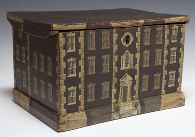ENGLISH PAINT-DECORATED HOUSE FACADE PINE WORK BOX