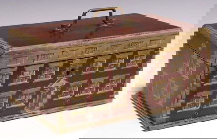 ENGLISH PAINT-DECORATED HOUSE FACADE MAHOGANY WORK BOX