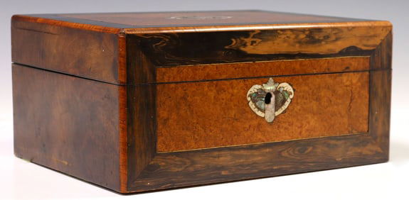 ENGLISH VICTORIAN MOP-INLAID BURLWOOD SEWING BOX