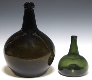 (2) ANTIQUE GREEN GLASS ONION-FORM WINE BOTTLES