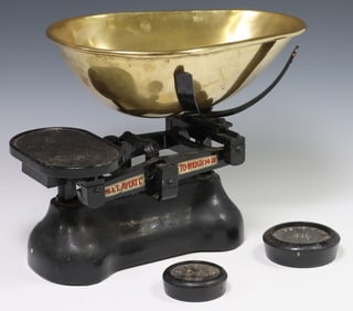 ENGLISH W & T AVERY CAST IRON & BRASS KITCHEN SCALES WITH WEIGHTS