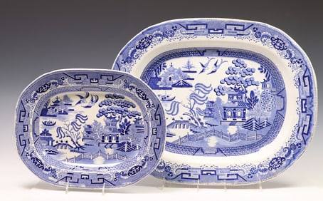 (2) ENGLISH STAFFORDSHIRE 'BLUE WILLOW' PATTERN PLATTERS