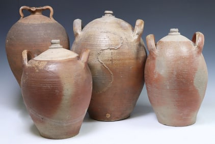 (4) FRENCH PROVINCIAL STONEWARE OIL JUGS