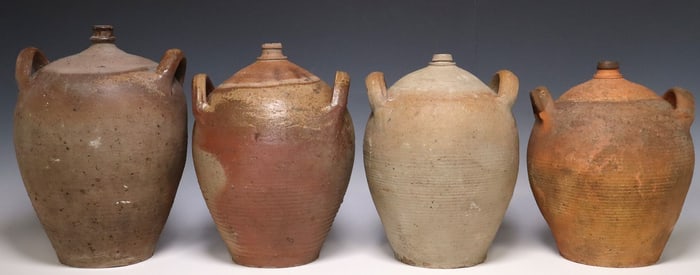 (4) FRENCH PROVINCIAL STONEWARE OIL JUGS