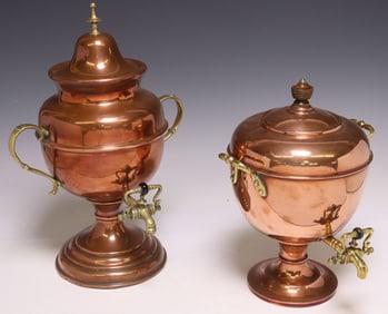 (2) ENGLISH VICTORIAN COPPER & BRASS SAMOVARS / HOT WATER URNS