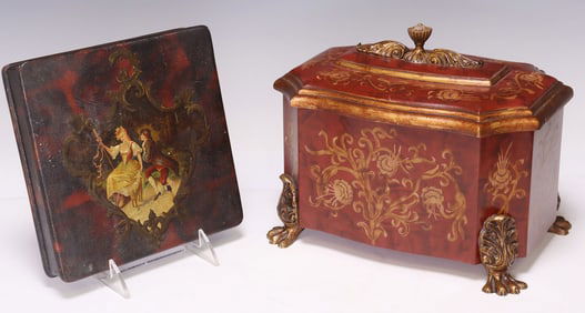 (2) ENGLISH VICTORIAN PAPIER-MACHE CARD BOX & FOOTED TABLE BOX