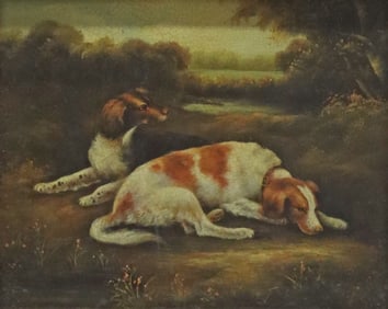DECORATIVE FRAMED VARNISHED PRINT OF TWO SPANIELS