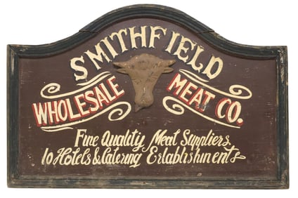 POLYCHROME PAINTED WOOD SHOP SIGN, 'SMITHFIELDS WHOLESALE MEAT CO.'