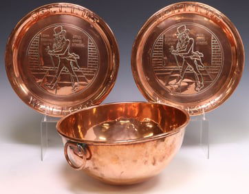 (3) ENGLISH COPPER -LARGE BOWL & JOHNNIE WALKER ADVERTISING PLATES