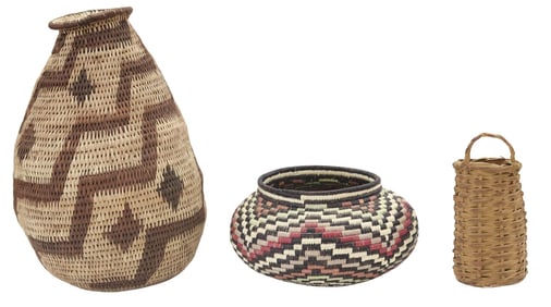 (3) WOVEN BASKETS, 1 WOUNAAN PANAMA WITH POLYCHROME DESIGN