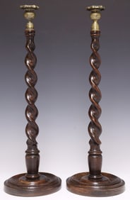 (2) LARGE ENGLISH BRASS & CARVED OAK BARLEY TWIST CANDLESTICKS