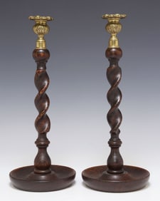 (2) ENGLISH BRASS & CARVED OAK BARLEY TWIST CANDLESTICKS