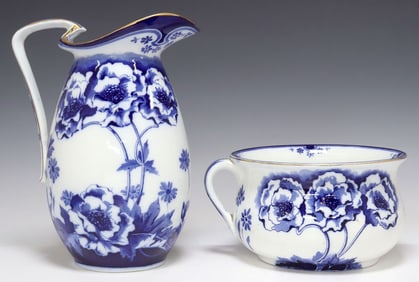 (2) ENGLISH ROYAL DOULTON 'NORBURY' BLUE & WHITE CERAMIC TOILETTE SET