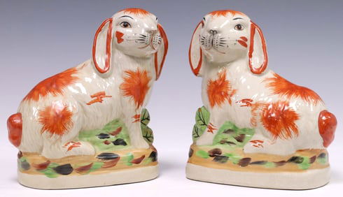 (2) STAFFORDSHIRE STYLE HAND-PAINTED MANTEL RABBITS