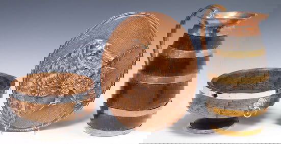 (3) ENGLISH OAK BARREL-FORM PITCHER, BOWL & COPPER RELIEF PLAQUE