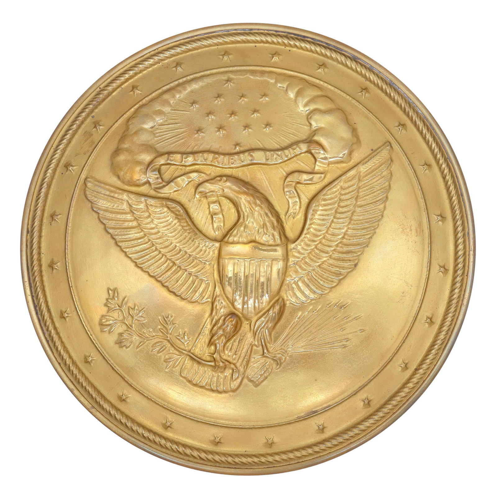 MMA REPLICA BRASS BOX UNITED STATES OLD TREATY SEAL SKIPPET: Brass box, cover with the Old Treaty Seal of the United States in relief, reproduction of a silver-gilt skippet in the collection of The Metropolitan Museum of Art, New York, underside stamp