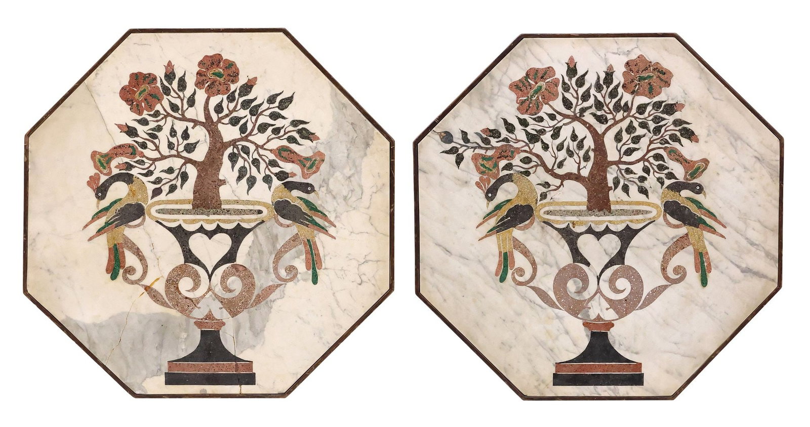 (2) LARGE NEOCLASSICAL HEXAGONAL PIETRA DURA PLAQUES: (pair) Neoclassical pietra dura wall-hanging plaques, late 19th c., of hexagonal form, with flowering tree issuing from an urn, flanked by pair of birds, encased in mahogany frame, (one) intact with r
