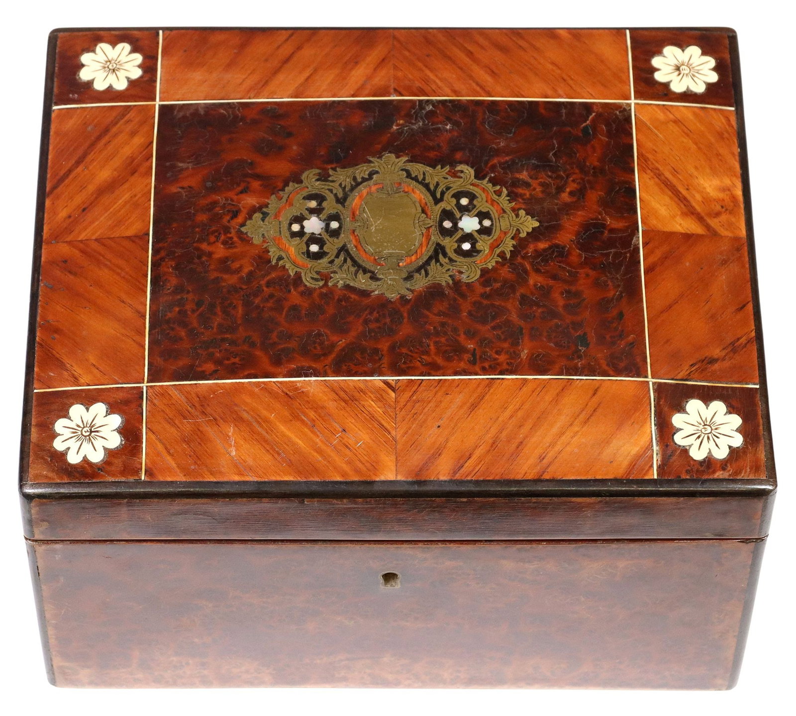 FRENCH INLAID BURLWOOD & MATCHED VENEER CIGAR HUMIDOR BOX: French cigar humidor box, early 20th c., matched veneer and figured wood case, with gilt metal and shell inlay, hinged lid and fall front door, revealing sectioned interior trays fitted for cigars, ap