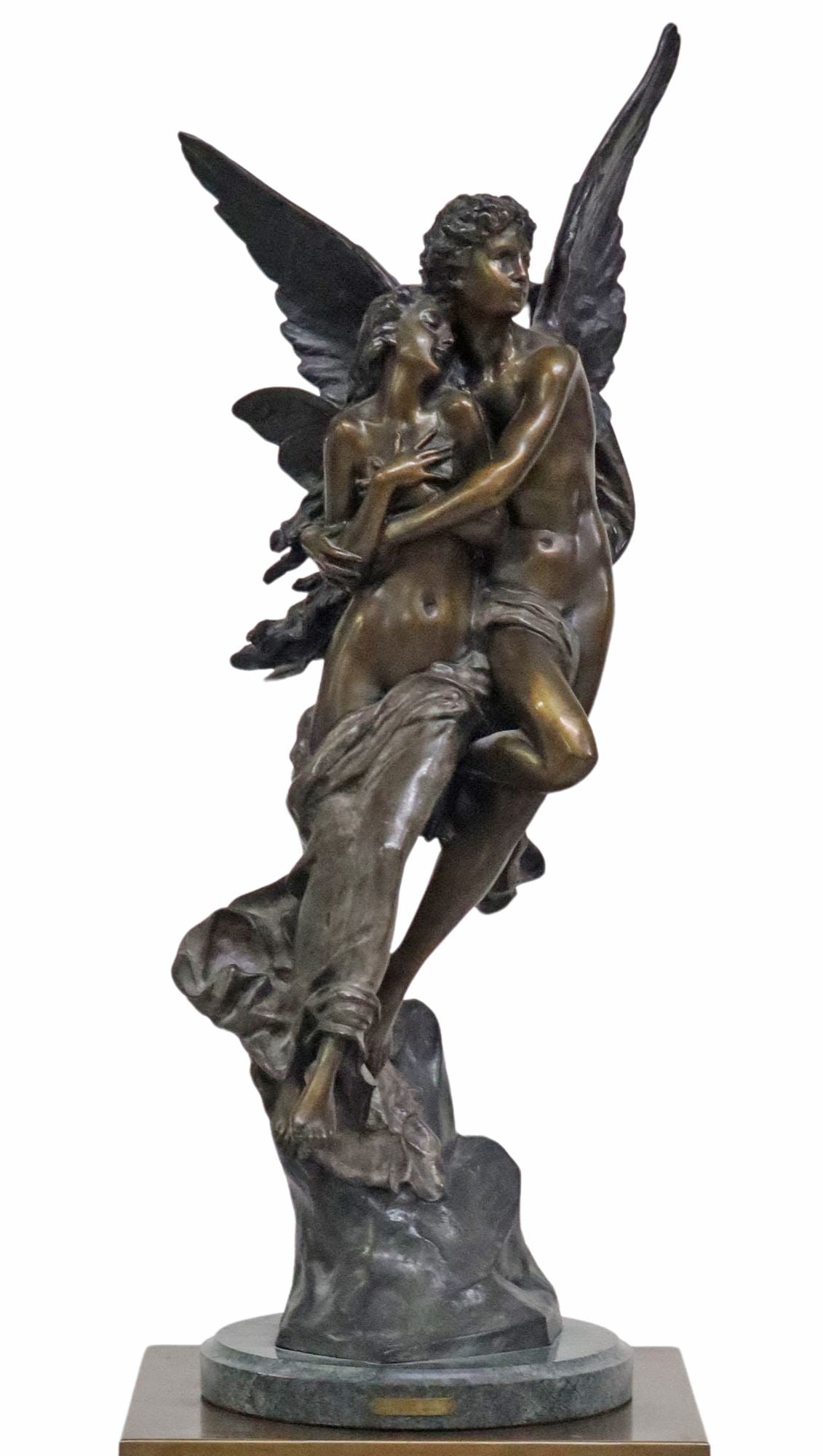 AFTER HENRI GODET BRONZE SCULPTURE CUPID & PSYCHE: Patinated bronze sculpture, The Abduction of Psyche, after Henri Godet (French, 1863-1937), the subject taken from a painting by William-Adolphe Bouguereau (French, 1825-1905), signed i