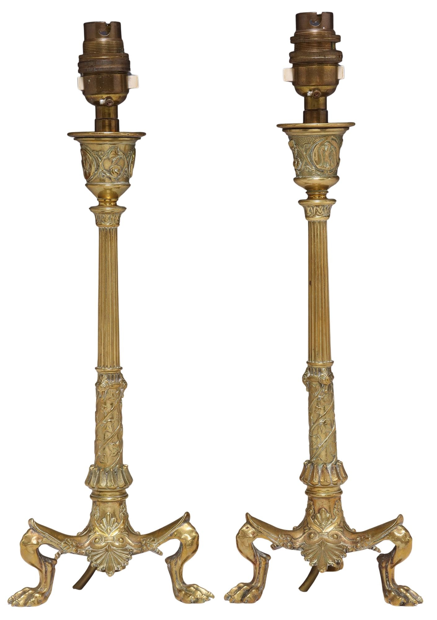 (2) NEOCLASSICAL GILT METAL 1LT CANDLESTICK TABLE LAMPS: (pair) French Neoclassical gilt metal candlesticks, now fashioned as single-light table lamps, each having foliate motifs, over fluted standard and repousse foliates, rising on tripartite pa