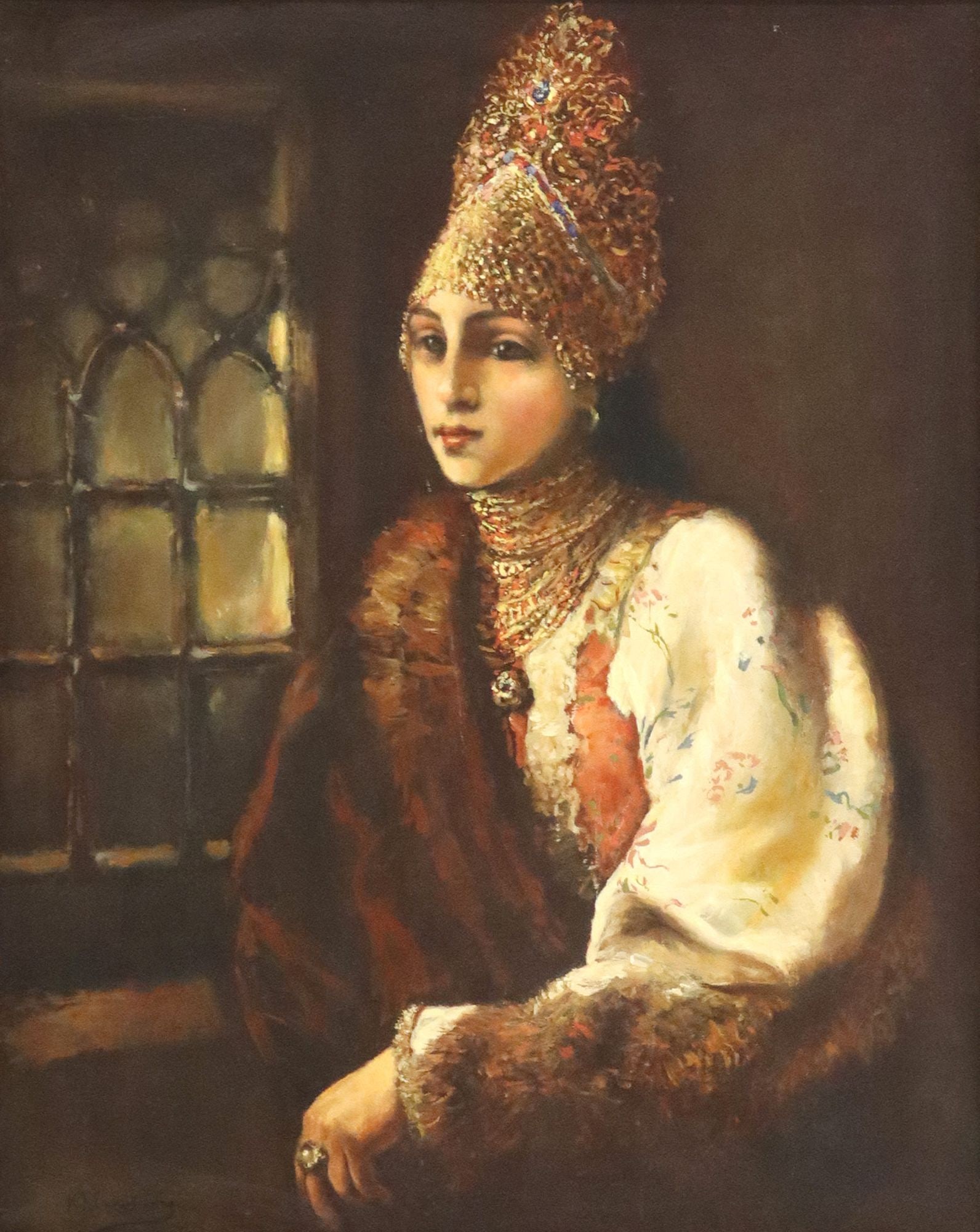 AFTER KONSTANTIN EGOROVICH MAKOVSKY PORTRAIT LADY IN KOKOSHNIK: Framed oil on board painting, The Boyarina, signed lower left K. Makovsky, after Konstantin Yegorovich Makovsky (Russian, 1839-1915), sight: approx 19.5"h, 15.5"w, overall: 31"h, 2