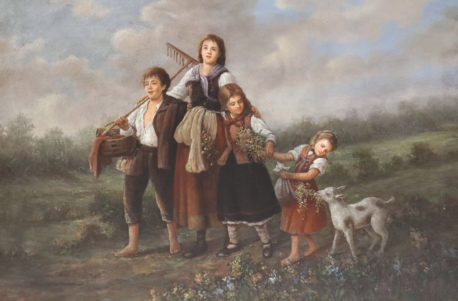 JAMES COLMAN (20TH C.) OIL ON CANVAS PAINTING, YOUNG FARMING FAMILY: Framed oil on canvas painting, Young Farming Family, signed lower left James Colman (American, 20th c.), sight: approx 23.5"h, 35.5"w, overall: approx 32.5"h, 44"w, 11.75lbs 