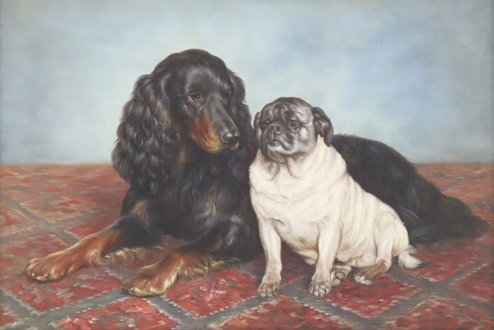 AFTER OTTO BACHE PORTRAIT OF A GORDON SETTER & PUG: Framed oil on canvas painting, Portrait of a Gordon Setter and Pug, after Otto Bache (Danish, 1839-1927), signed lower center Munoz, dated [19]73, sight: approx 27.25"h, 39.25"w, overall: 38.25"h, 50.
