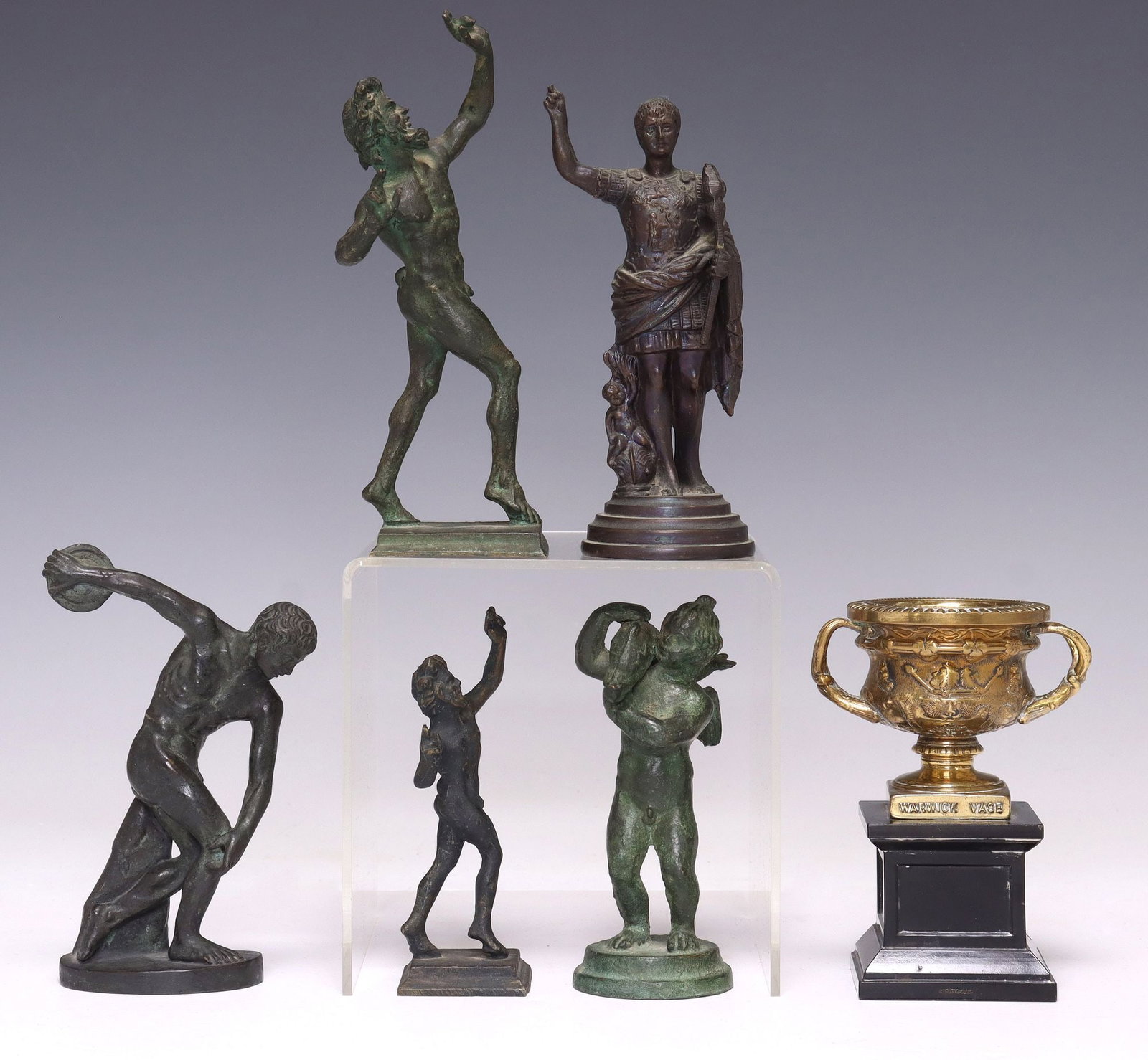 (6) GRAND TOUR STYLE SMALL-SCALE SCULPTURES: (lot of 6) Grand Tour style small-scale sculptures, including: (2) patinated bronze, The Dancing Faun of Pompeii, largest: approx 6.5"h, (1) patinated bronze, The Diskobolos of Myron, approx 5.25