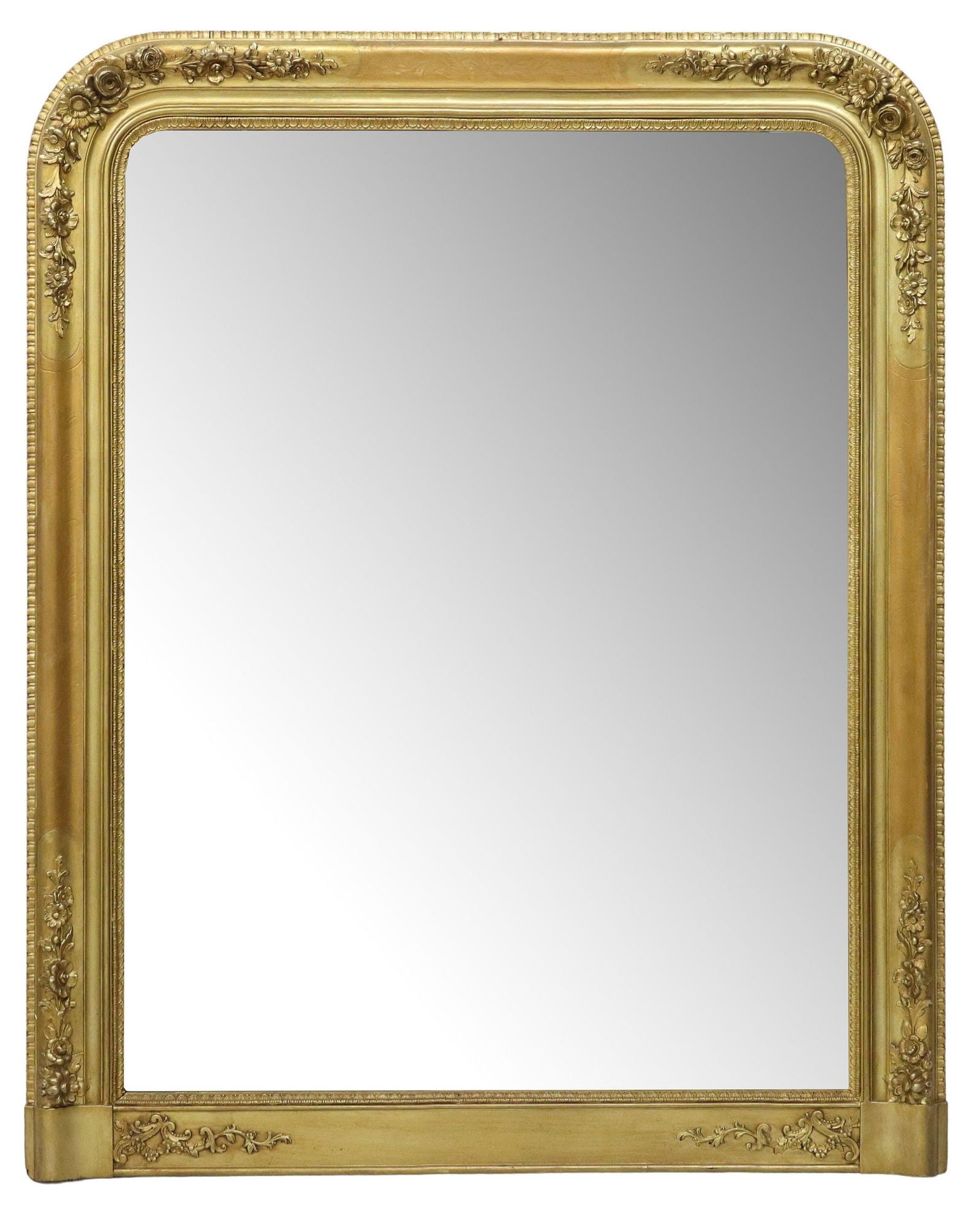 FRENCH LOUIS PHILIPPE PERIOD GILT PAINTED MIRROR: French Louis Philippe wall mirror, having arched frame with molded foliates and beaded trim, in a later gilt painted finish, encasing flat mirror plate, some very light overall silver loss to mirror p