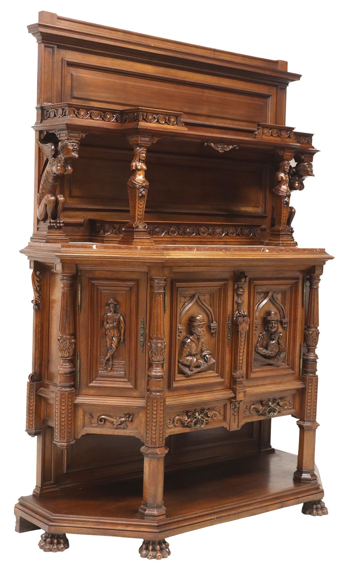 FRENCH RENAISSANCE REVIVAL CARVED MARBLE-TOP SERVER: French Renaissance Revival carved server or buffet, late 19th c., having upper shelf with pierced gallery, rising on figural caryatids and winged grotesque supports, lower case with inset ma
