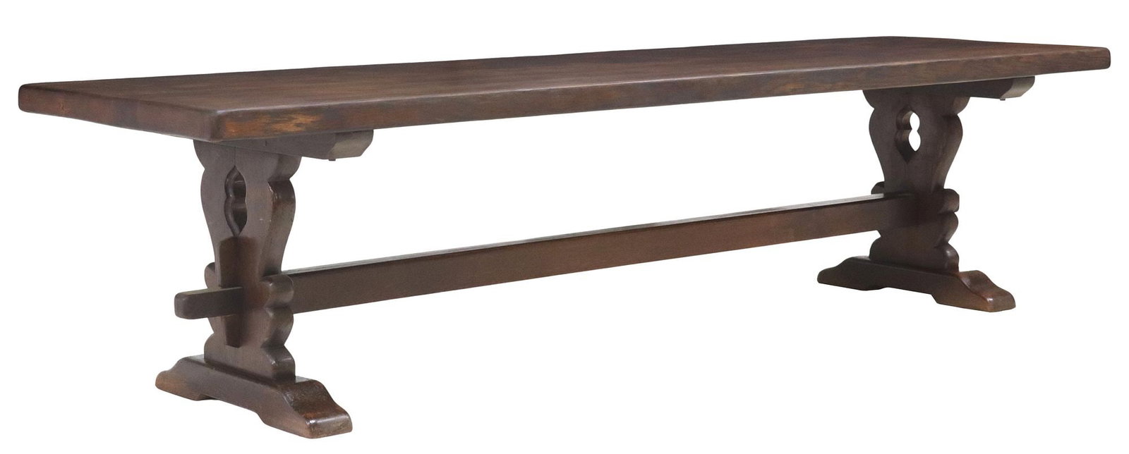 LARGE FRENCH OAK REFECTORY TRESTLE TABLE, 119"L: French oak monastery refectory table, early 20th c., rectangular top comprised of six boards, trestle supports joined by cross stretcher, approx 29.5"h, 119"l, 35"w, floor to 
