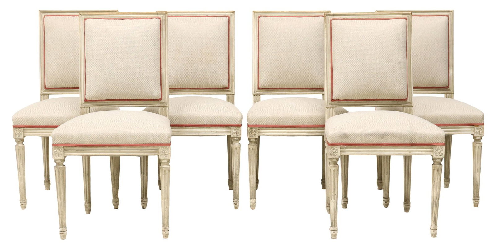 (6) LOUIS XVI STYLE PAINT DECORATED UPHOLSTERED SIDE CHAIRS: (lot of 6) Louis XVI style chairs, 20th c., in a white finish, over patterned upholstered back and seat, rising on fluted and tapered legs, ending on blunt arrow feet, approx 35 5/8"h, 18 5/