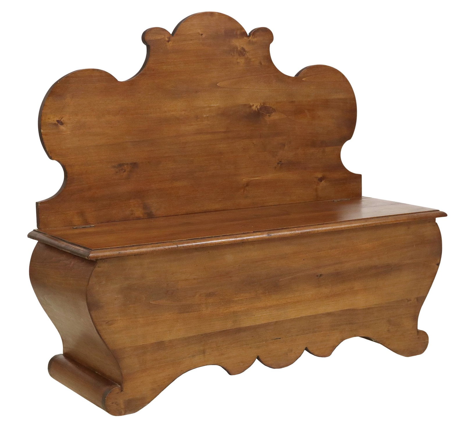 RUSTIC ITALIAN BAROQUE STYLE HIGHBACK CASSAPANCA: Italian Baroque style hall bench, 20th c., shaped backboard, coffer base with hinged bench seat, scalloped apron, approx 48"h, 55"w, 18.25"d, seat height: approx 20.75"h
