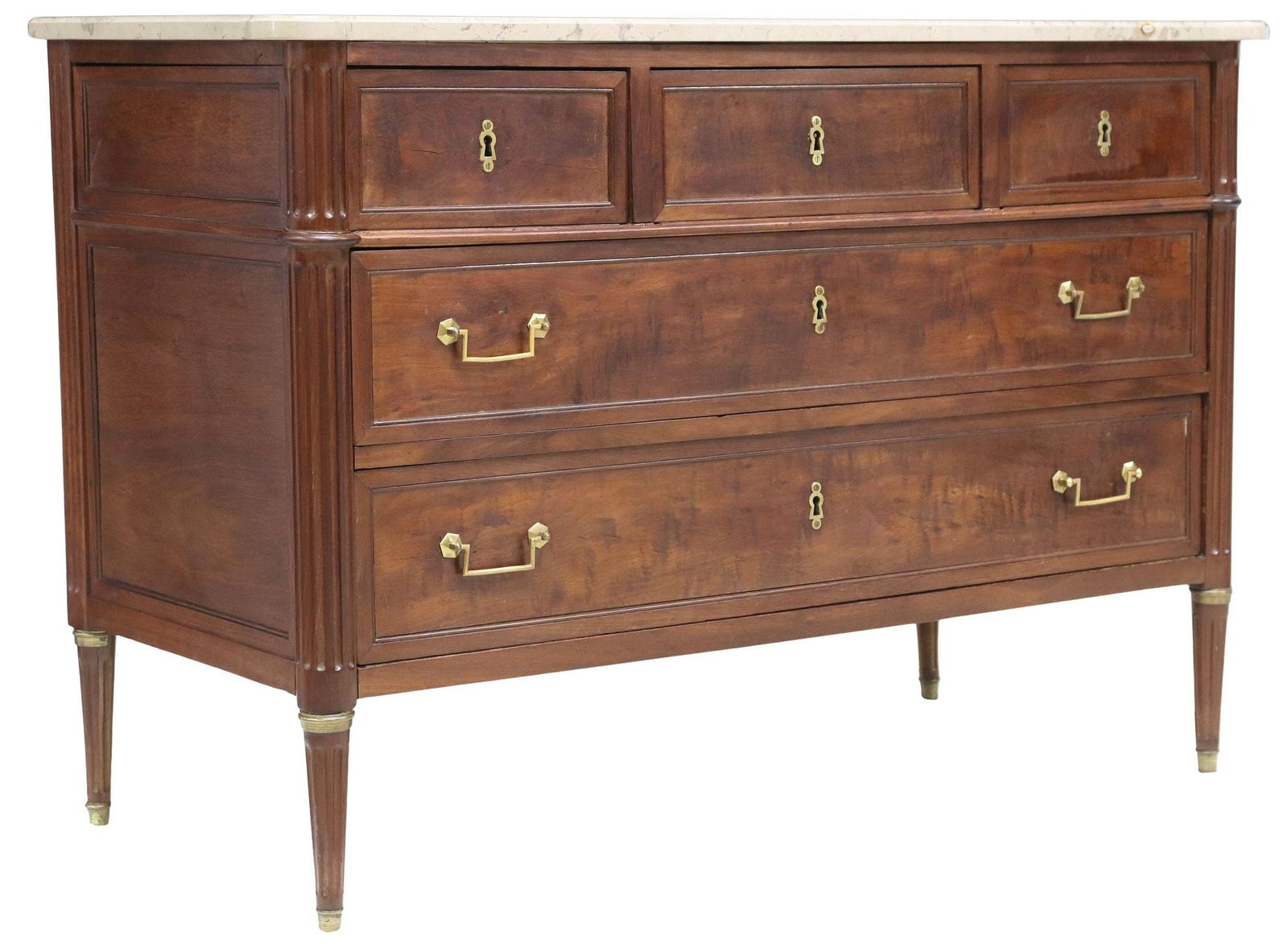 FRENCH LOUIS XVI STYLE MARBLE-TOP MAHOGANY COMMODE: French Louis XVI style commode, late 19th c., shaped cultured marble top, over case fitted with three small drawers, above two standard drawers, protruding fluted corner posts, rising on tapered legs