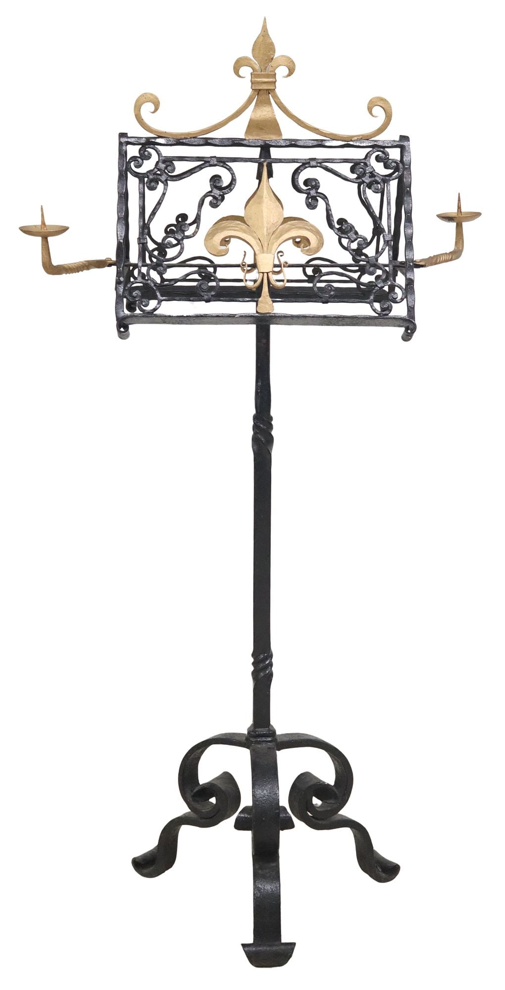 FRENCH PARCEL-GILT WROUGHT IRON DUET MUSIC STAND: French wrought iron music stand, 20th c., double-sided music rests, with gilt-painted fleurs-de-lis, candle prickets on adjustable arms, all on a tripartite base, approx 60"h, 22"w, 20"