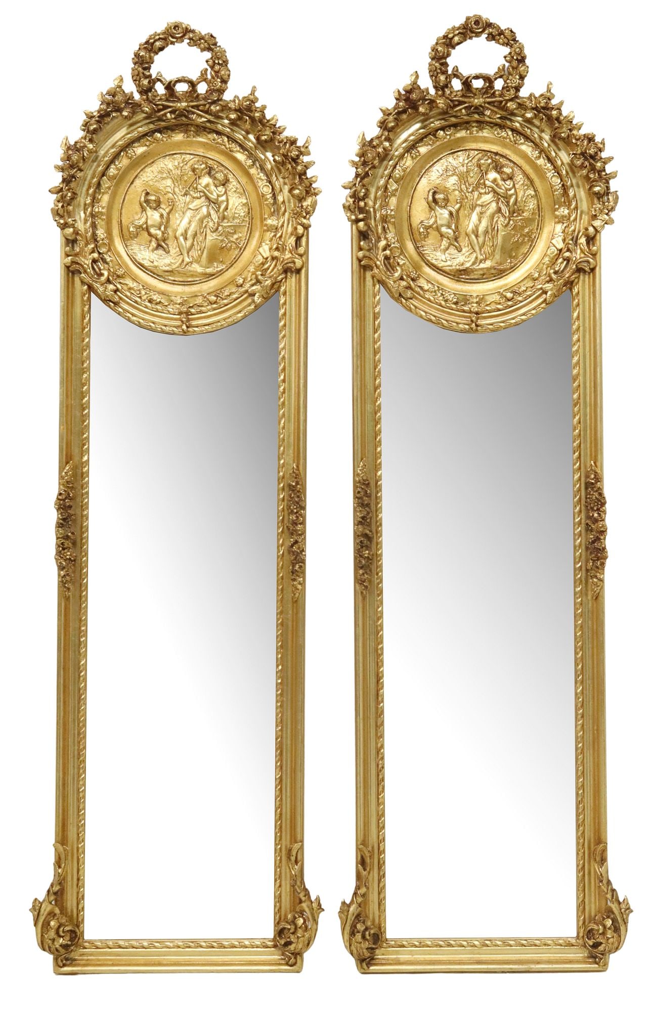 (2) LOUIS XV STYLE GILT ALLEGORICAL SCENE PIER MIRRORS: (pair) Louis XV style gilt composite pier mirrors, late 20th c., each having scrolled foliate crest, over central allegorical scene, molded frame, encasing beveled mirror plate, approx 70"h, 19"w, 51l