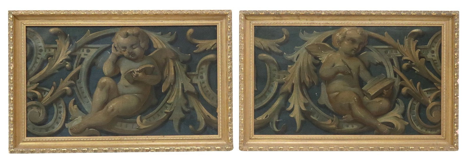 (2) BAROQUE STYLE OIL PAINTINGS OVER-DOOR PANELS: (lot of 2) Framed oil on canvas paintings, likely fragments of overdoor panels, each depicting a winged cherub with a book, sight: approx 18"h, 31"w, overall: 23"h, 36"w; 14.25lbs 