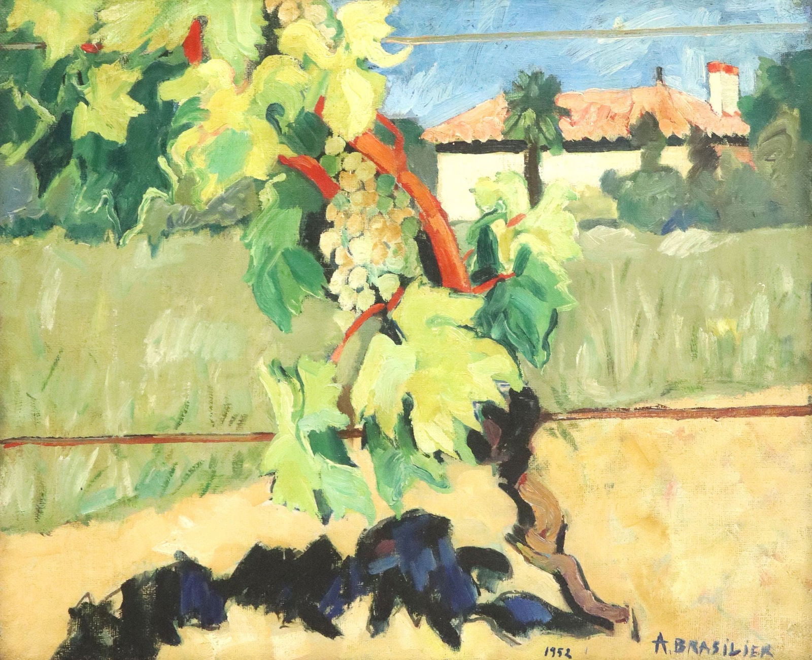 ANDRE BRASILIER (B.1929) PAINTING 'LE PIED DE VIGNE': Framed oil on linen painting, "Le Pied de Vigne (The Vine Foot)," signed lower right A. Brasilier (Andre Brasilier, French, b.1929), dated 1952, signed Brasilier and titled on back stretcher, sight: a
