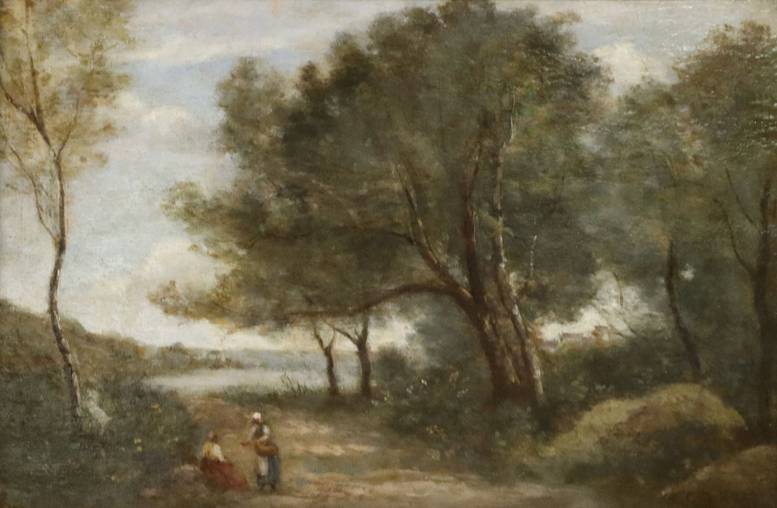 STYLE OF JEAN-BAPTISTE-CAMILLE COROT PAYSAGE AUX DEUX PERSONNAGES: Framed oil on wood panel painting, Paysage aux deux personnages, spurious signature lower right Corot, in the style of Jean-Baptiste-Camille Corot (French, 1796-1875), label verso inscribed "C113