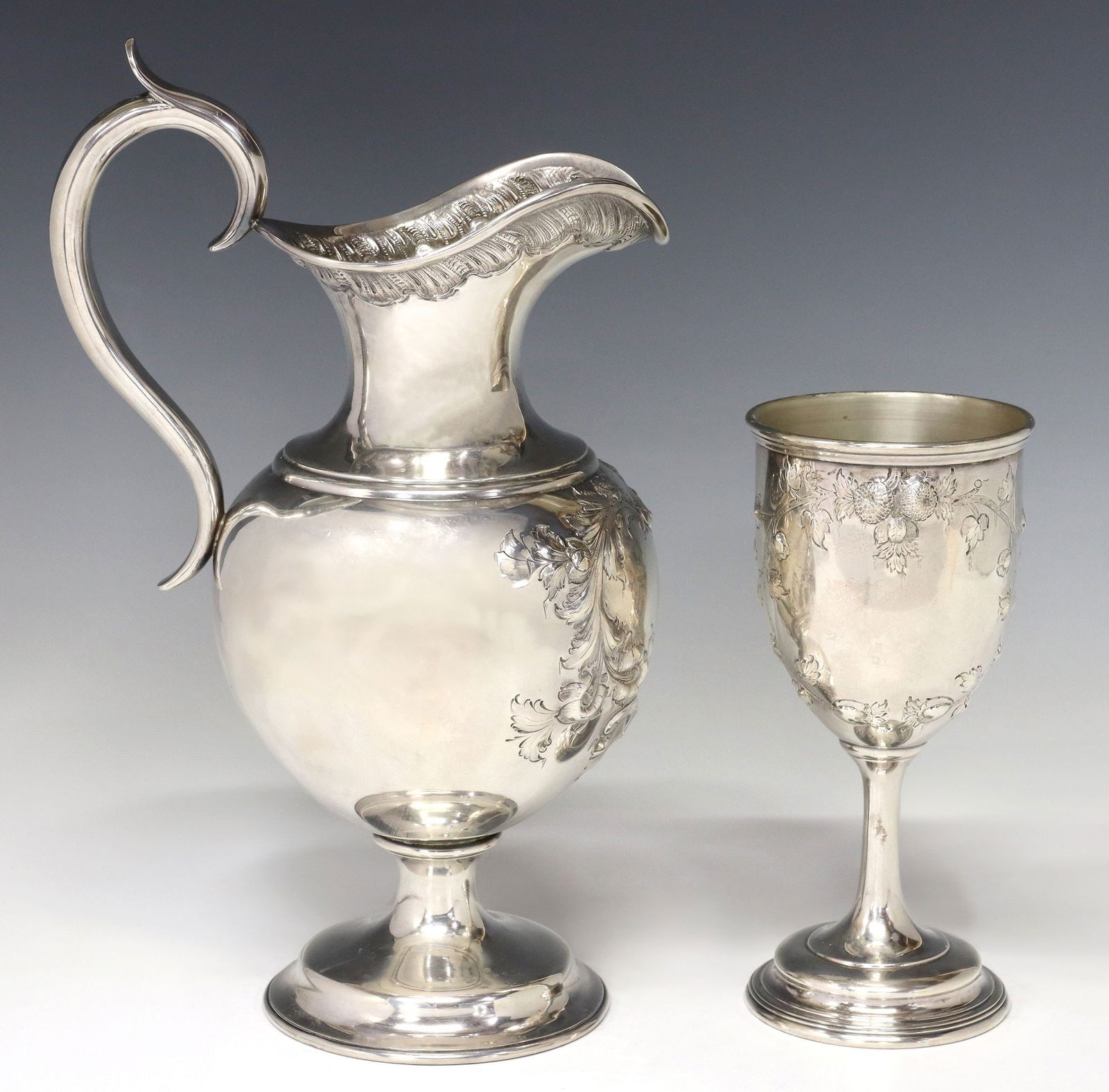 (2) PETER L. KRIDER (1821-1895) PHILADELPHIA COIN SILVER PITCHER & GOBLET: (lot of 2) American coin silver pitcher and goblet, Peter Lewis Krider (American, active in Philadelphia, 1821-1895), retailed by Canfield Brothers & Company, Baltimore, Maryland, mid 19th c., hand ch