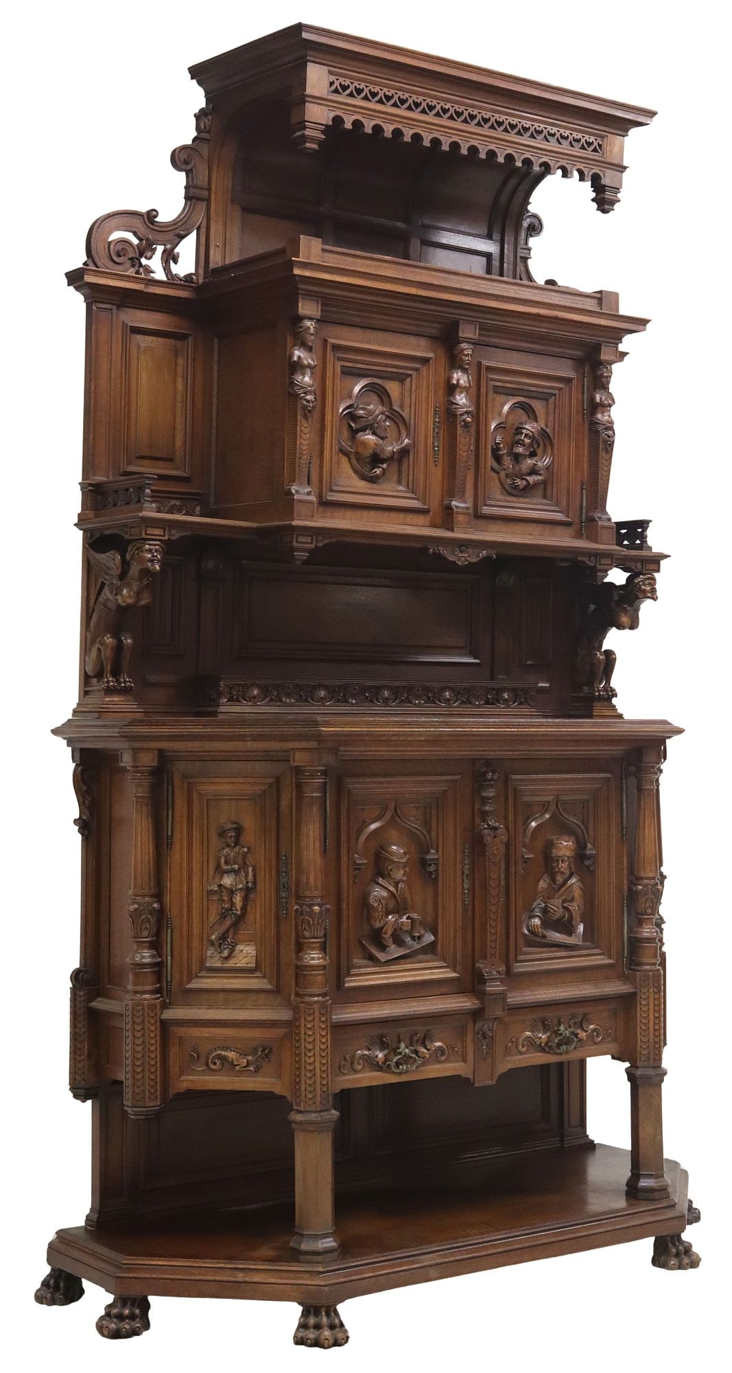 FRENCH RENAISSANCE REVIVAL CARVED SIDEBOARD: French Renaissance Revival carved sideboard, late 19th c., having stepped pediment with hanging gallery, above dual cabinet doors flanked by open shelves, lower case fitted with four additional c